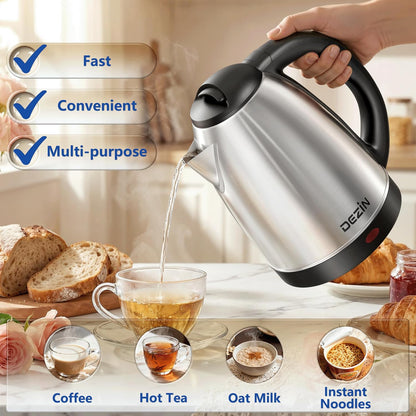 DEZIN 2L Electric Kettle, Fast Boil Electric Tea Kettle, 1000W Water Boiler | BPA-Free Electric Water Kettle Stainless Steel, Auto Shut-Off & Boil-Dry Protection, Ideal for Boiling Water, Coffee, Tea
