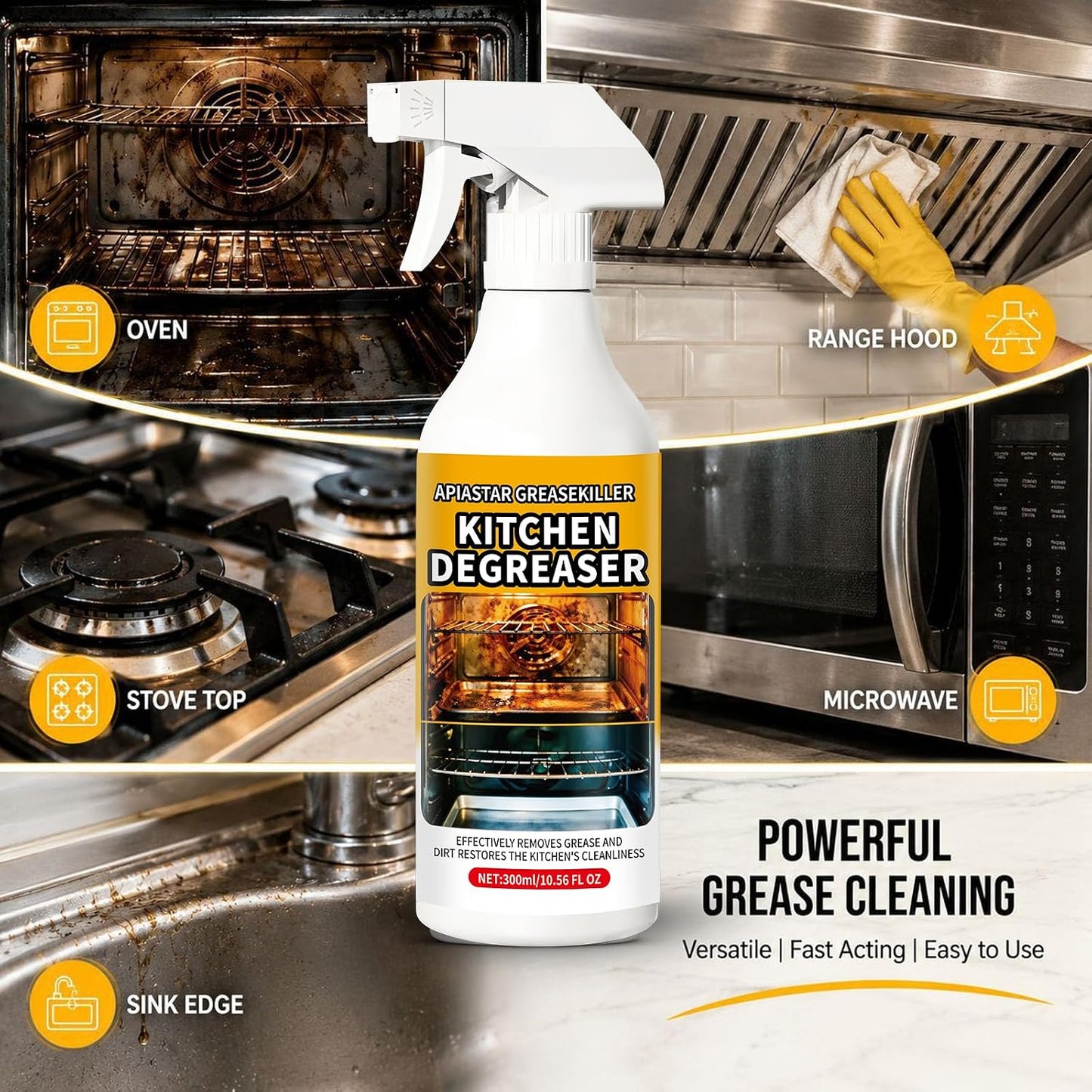 Apiastar Greasekiller Spray,300ml Greasekiller BBQ Spray,Grease killerSpray Grill Cleaner,Grill Degreaser For Outdoor Grill,Bbq Cleaner And Degreaser,for Air fryer, Kitchen, Oven (1PCS)