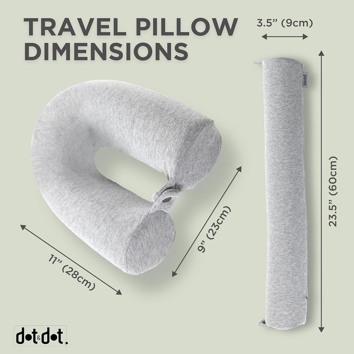 Dot&Dot Twist Memory Foam Travel Pillow, Bendable Neck Pillow for Airplane, Car and Home, 26-Inch Adjustable Roll with Washable Cotton Cover, Gray