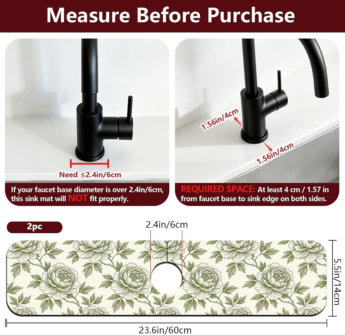 2Pcs Peonies Kitchen Sink Splash Guard Faucet Mat Vintage Florals Faucet Mat For Bathroom Kitchen 5.5x23.6In