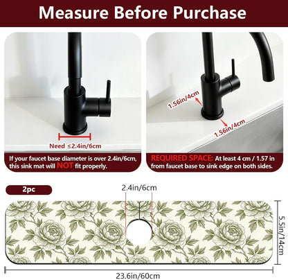 2Pcs Peonies Kitchen Sink Splash Guard Faucet Mat Vintage Florals Faucet Mat For Bathroom Kitchen 5.5x23.6In