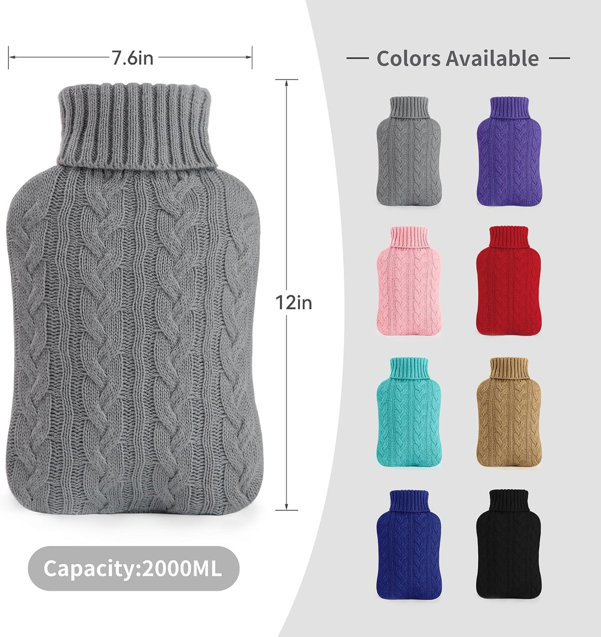 samply 2L Hot Water Bottle with Knitted Cover, Hot Water Bag, Purple