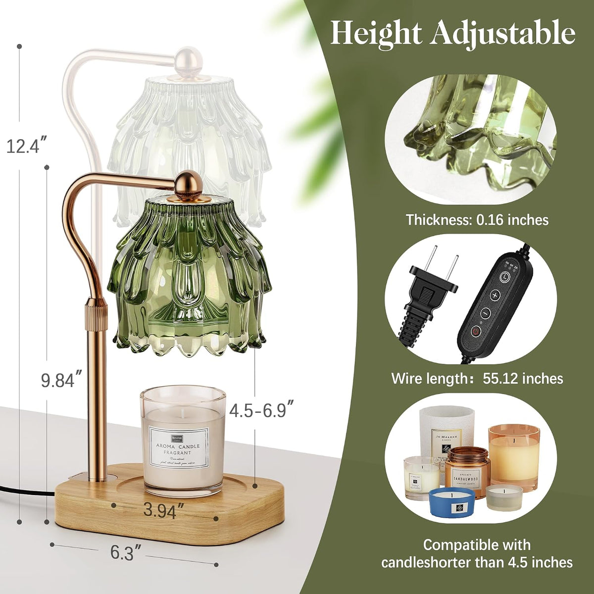 Candle Warmer Lamp with Timer Dimmer, Modern Wax Warmer for Scented Wax Jar Candle Warmer with 2 Bulbs, Adjustable Height Glass Lamp for Gifts for Women, Home Decor, Gold Amber