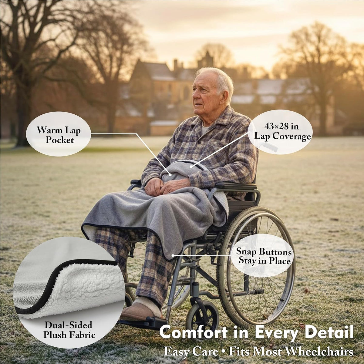 Wheelchair Lap Blanket for Seniors, 43" * 28" Soft Sherpa Lined Knee & Lap Cover, Warm Lightweight Throw with Snap Buttons, Cozy Comfort for Elderly & Caregivers, Wine Red
