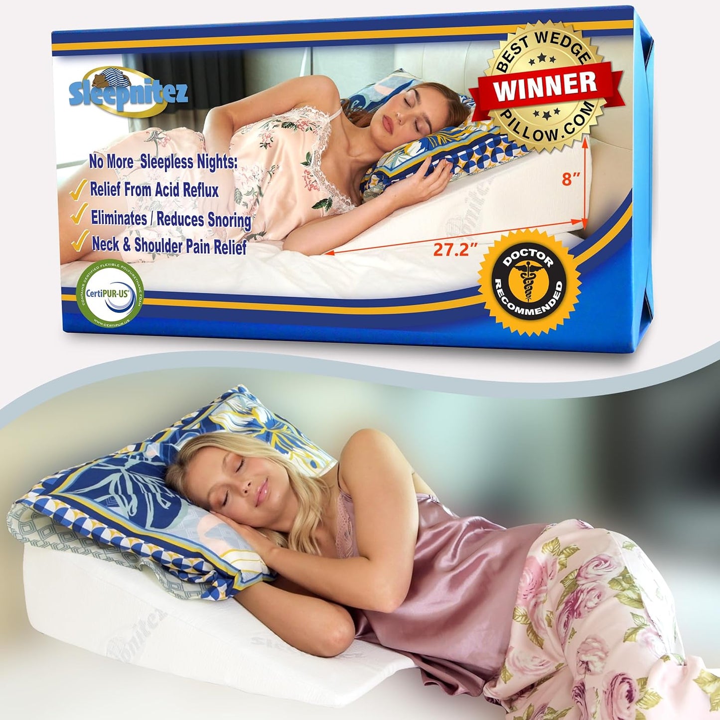 12" Bed Wedge Pillow for GERD, Acid Reflux, Sleep Apnea, Snoring | Cooling 3" memory foam top and cover for side sleepers, post-surgery, back support and leg elevation U-shaped easy-off/on zip
