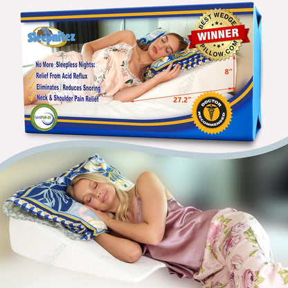 12" Bed Wedge Pillow for GERD, Acid Reflux, Sleep Apnea, Snoring | Cooling 3" memory foam top and cover for side sleepers, post-surgery, back support and leg elevation U-shaped easy-off/on zip