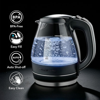 OVENTE 1.5L Glass Electric Kettle Water Boiler, Black KG83B | 1100W Fast Boiling, Borosilicate Glass, BPA-Free, Blue LED, Auto Shut-Off, Boil-Dry Protection, Removable Filter, 360° Base