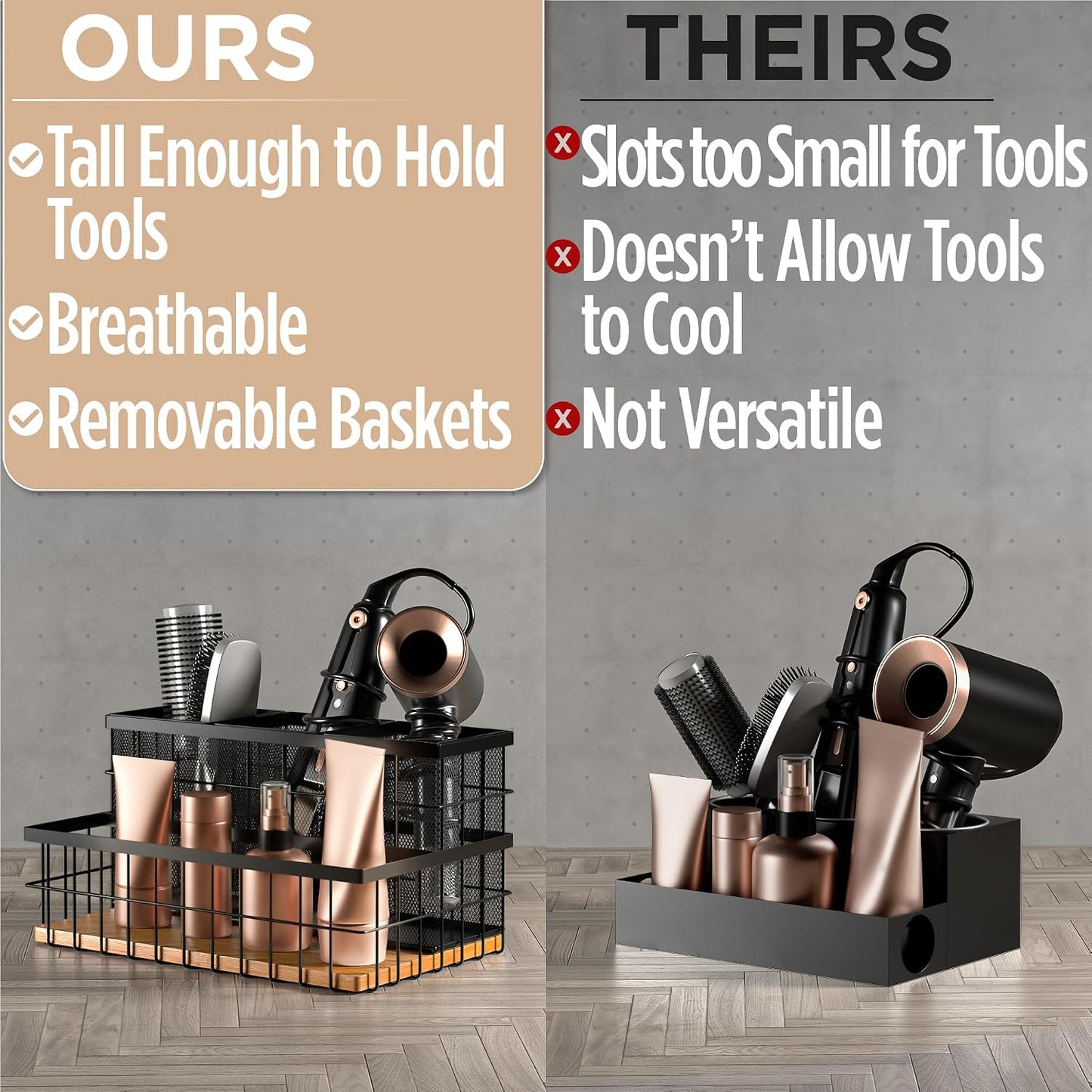 Hair Tool Organizer Countertop, Breathable Metal & Bamboo, Heat-Resistant | No Assembly Required, Removable Baskets, Heat-Resistant Iron, Bamboo Base, Spacious & Breathable Hot Tools Organizer Vanity