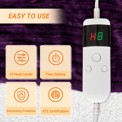 Heated Blanket Electric Throw, Soft Flannel Heating Blanket with 8 Hours Auto Off 10 Fast Heating Levels Machine Washable Sherpa Heated Blanket with Overheating Protection