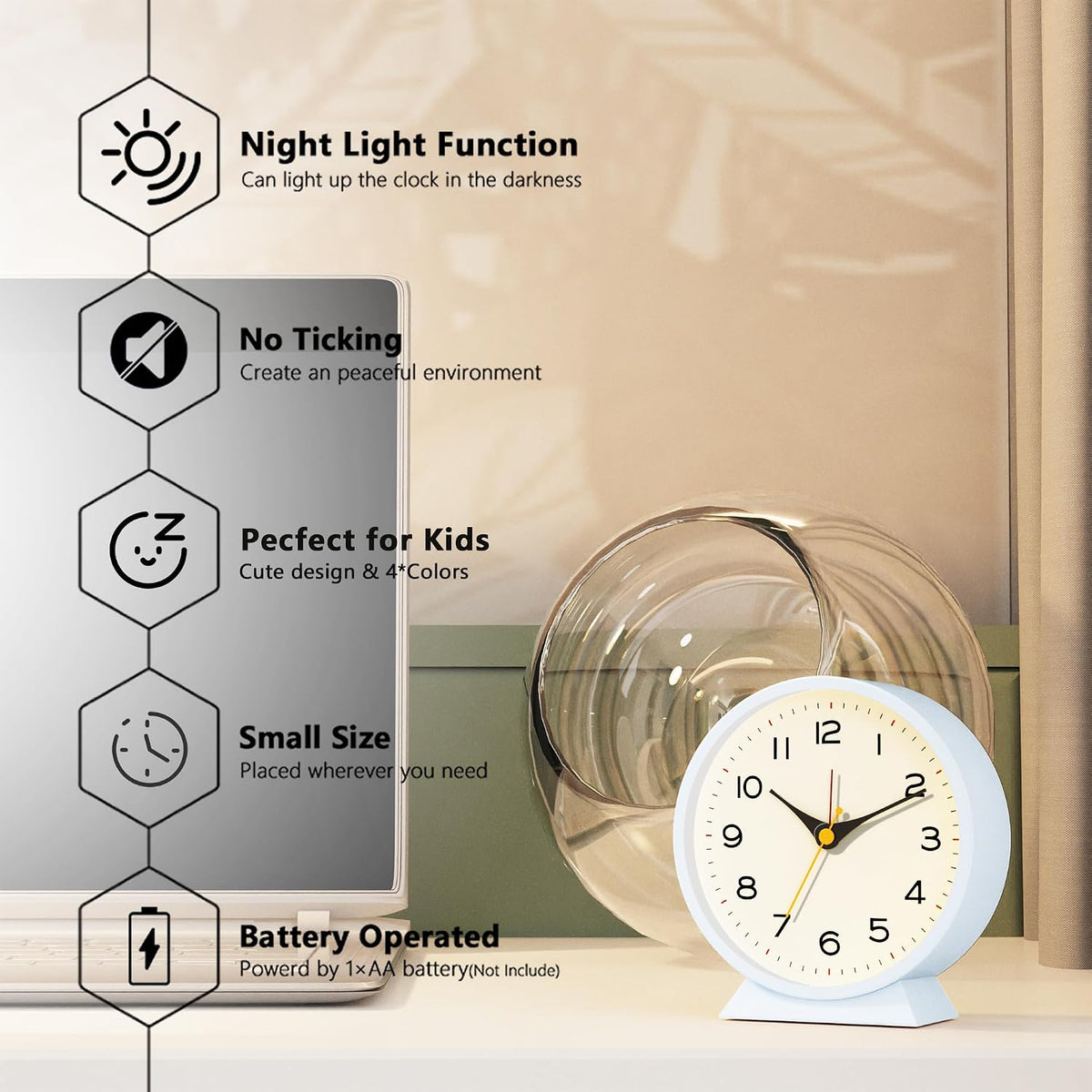 AYRELY® 4.5" Analog Alarm Clock, Small Retro Desk Clock and Table Clock