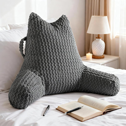 Standard Reading Pillow for Bed Sitting Up, Backrest Pillow with Shredded Memory Foam Filling, Back Support Cushion, Bed Rest Pillow with Arms, Pockets and Washable Cover-Grey