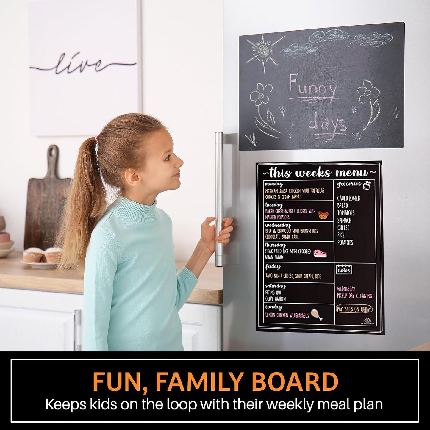 Magnetic Menu Board for The Fridge- Weekly Family Meal Planner with Bright Neon Liquid Markers- Perfect Weekly Planner, Magnetic Dry Erase Board for Meal Planning Grocery List Notes Do List- 12"x 16"
