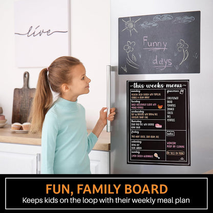 Magnetic Menu Board for The Fridge- Weekly Family Meal Planner with Bright Neon Liquid Markers- Perfect Weekly Planner, Magnetic Dry Erase Board for Meal Planning Grocery List Notes Do List- 12"x 16"