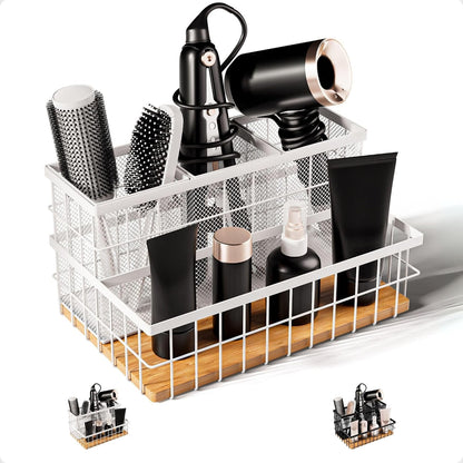 Hair Tool Organizer Countertop, Breathable Metal & Bamboo, Heat-Resistant | No Assembly Required, Removable Baskets, Heat-Resistant Iron, Bamboo Base, Spacious & Breathable Hot Tools Organizer Vanity