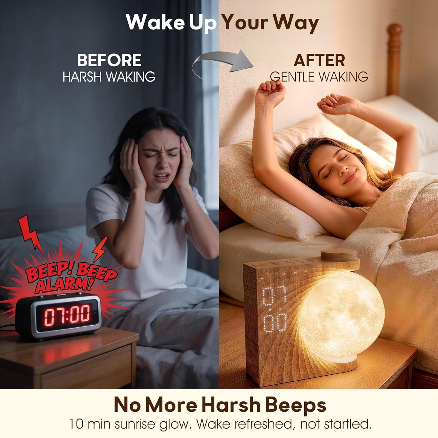 AIRIVO Alarm Clock for Bedrooms, Sunrise Alarm Clock Wake Up Light for Kids Teens, White Noise Sound Machine, Moon Light Dual Alarms for Heavy Sleepers, Night Light Clock for Preppy Room Decor
