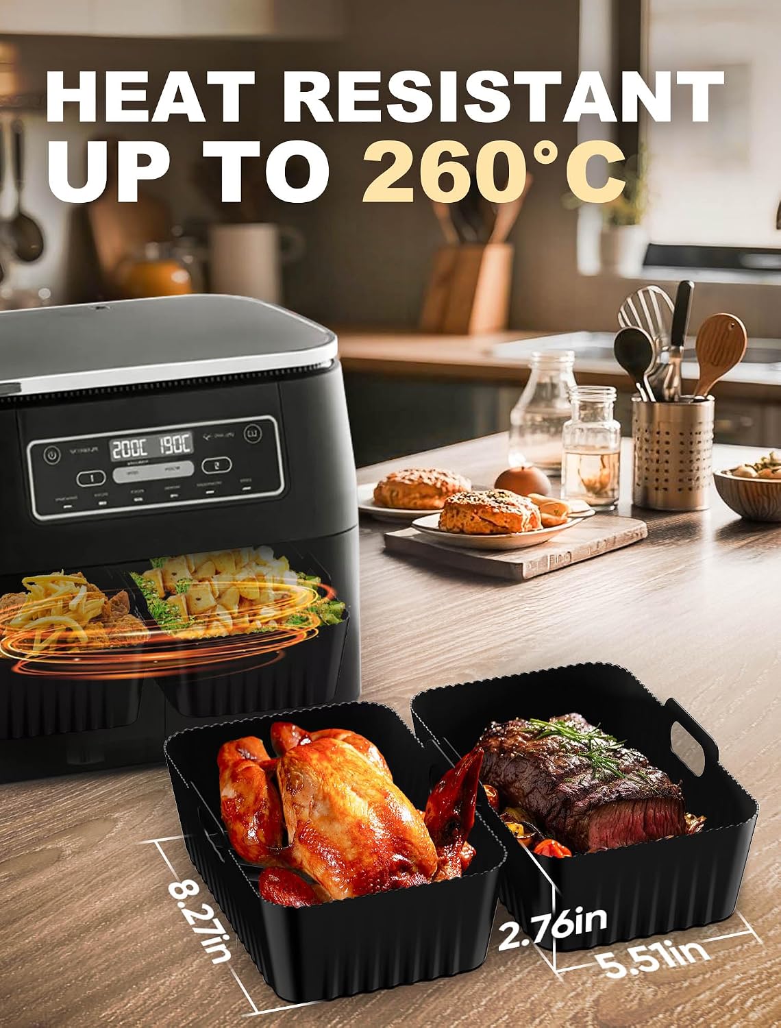 Silicone Air Fryer Liners 2 Pack for Ninja Dual Zone AF400UK AF451UK AF300UK 7.6–9.5L Foodi MAX, Compatible with Tower T17088, Keplin, EMtronics Reusable Non-Stick Dishwasher Safe Accessories