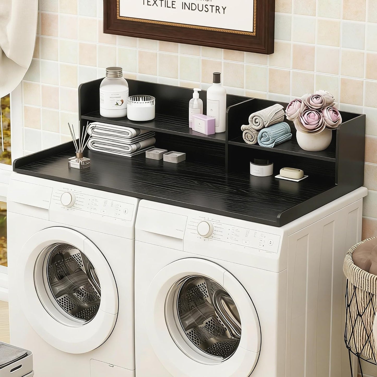2 Tier Wooden Washer Dryer Topper, Large Laundry Countertop Cover, Walnut | Washer And Dryer Topper Non-Slip Pads,Over Washer And Dryer Shelves For Clothes Folding,Space Saving Laundry Room Organizer