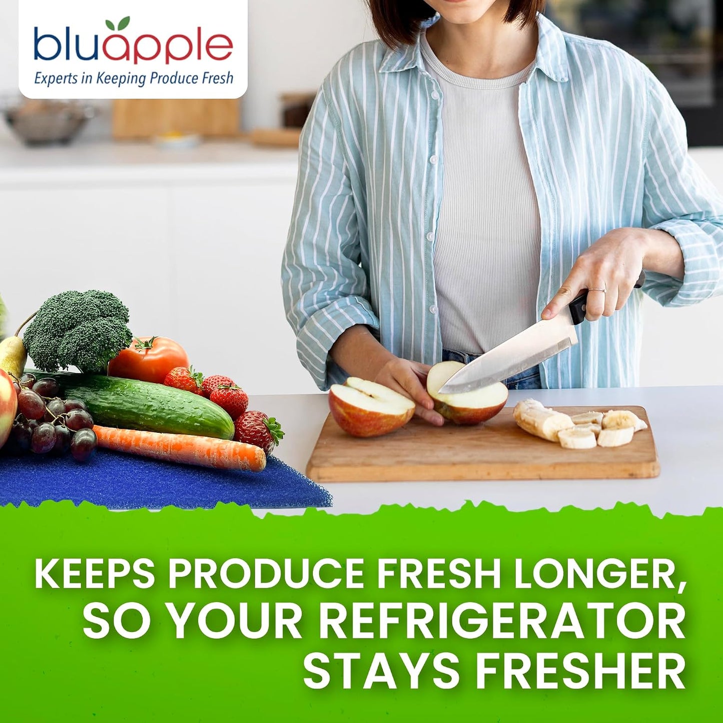 Bluapple FreshMats - Refrigerator Bin Liners, Fridge Drawer Mats - Keeps Produce Fresh Longer, Prevents Bruising, Promotes Air Circulation - BPA-Free Polyurethane Foam - (4-Piece Set, 12"x15", Green)