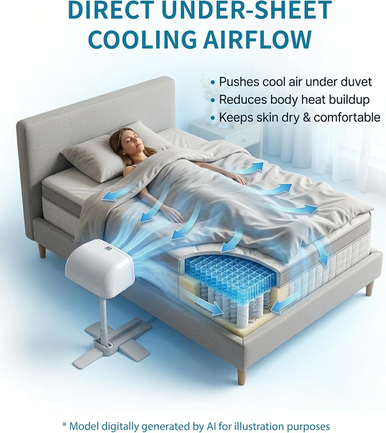 Under Sheets Cooling Fan, Mattress Cooling Fan for Hot Sleepers, Rechargeable Air System with Remote, 5 Speeds, Adjustable Height, Quiet Under Blanket Airflow for Low and Standard Beds (White)