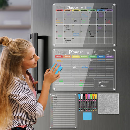 Hivillexun Magnetic Dry Erase Calendar Whiteboard Set (4-Pack) for Home and Kitchen, with Monthly and Weekly Views (16.5” x 11.8”), Magnetic Whiteboard and Daily Planners (12” x 8”) 8 Markers & Eraser