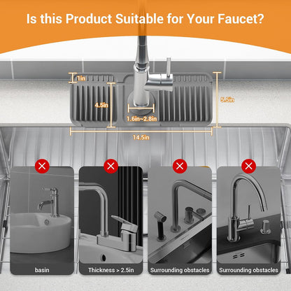 ZJWZLG Faucet Mat for Kitchen Sink, 14"X5.5" Silicone Sink Splash Guard , Snap-On Design & 7°slope Fast Drain, Folding Sink Faucet Mat for Universal Kitchen Bathroom Sink(Grey)