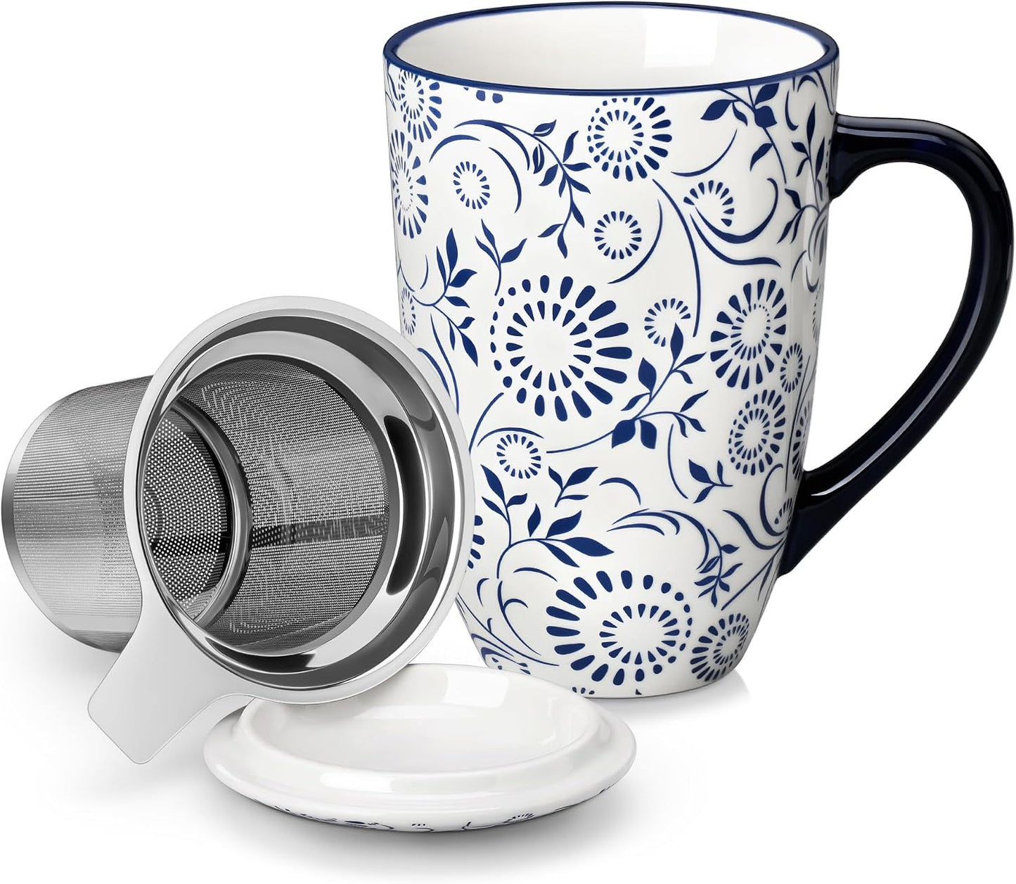 vancasso SELENE Porcelain Tea Mug, 18 oz Porcelain Tea Cup with Infuser and Lid Steeps Loose Leaf Tea, Microwave & Dishwasher Safe, Five-Leaf Clover
