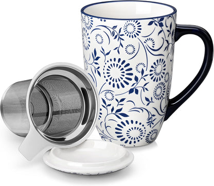 vancasso SELENE Porcelain Tea Mug, 18 oz Porcelain Tea Cup with Infuser and Lid Steeps Loose Leaf Tea, Microwave & Dishwasher Safe, Five-Leaf Clover