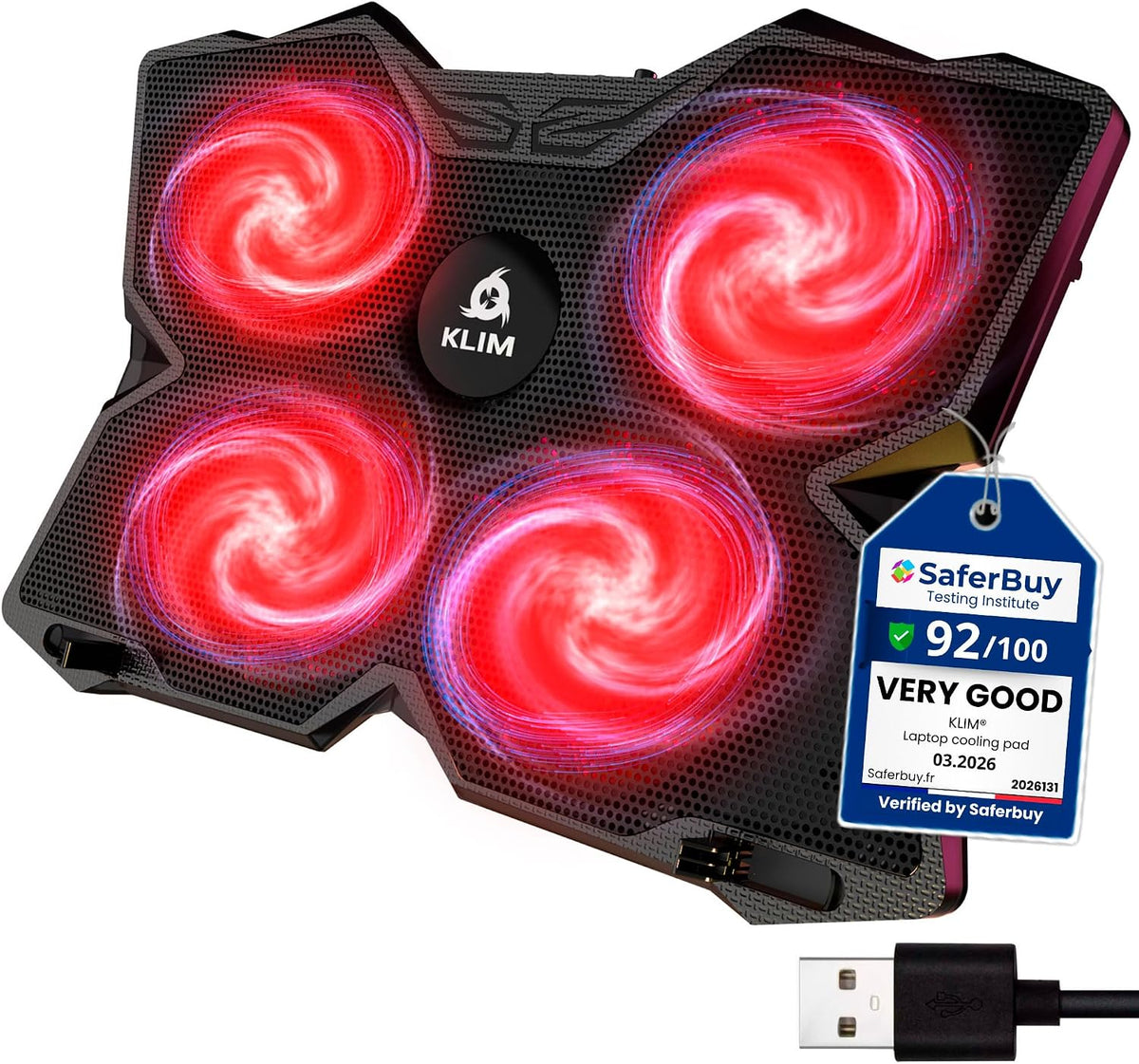 KLIM Wind Laptop Cooling Pad - More Than 500 000 Units Sold - New Version - The Most Powerful Rapid Action Cooling Fan - Laptop Stand with 4 Cooling Fans at 1200 RPM - USB Fan - PS5 PS4 - RGB