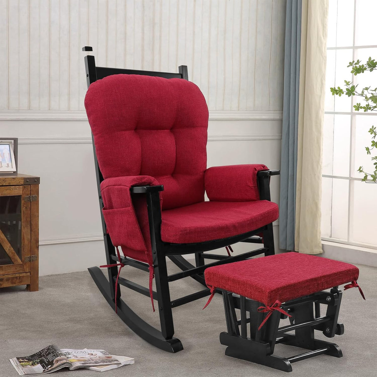 BUYUE Glider Rocker Replacement Cushion 5 PCS with Ties, Linen High-Density Foam Non-Slip & Washable Rocking Chair Pads for Sitting,Red