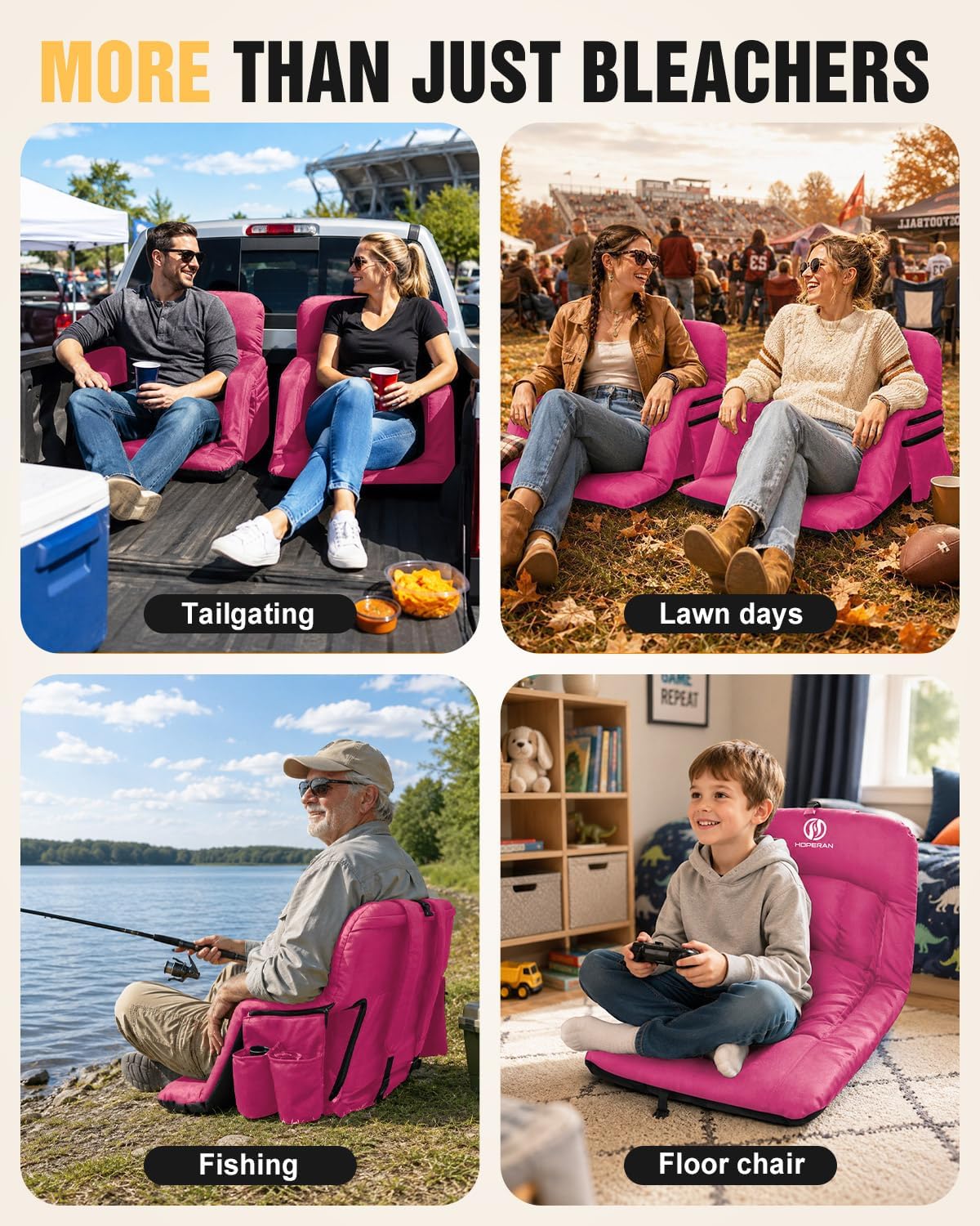 HOPERAN 25in Heated Stadium Seats for Bleachers, 4.3" Extra Thick, Pink | Super Soft Sofa-Style, Independent Seat&Back 3 Level Heat (NO Battery), 6 Recliner, Anti-Slip, Side Pockets, Backpack Straps