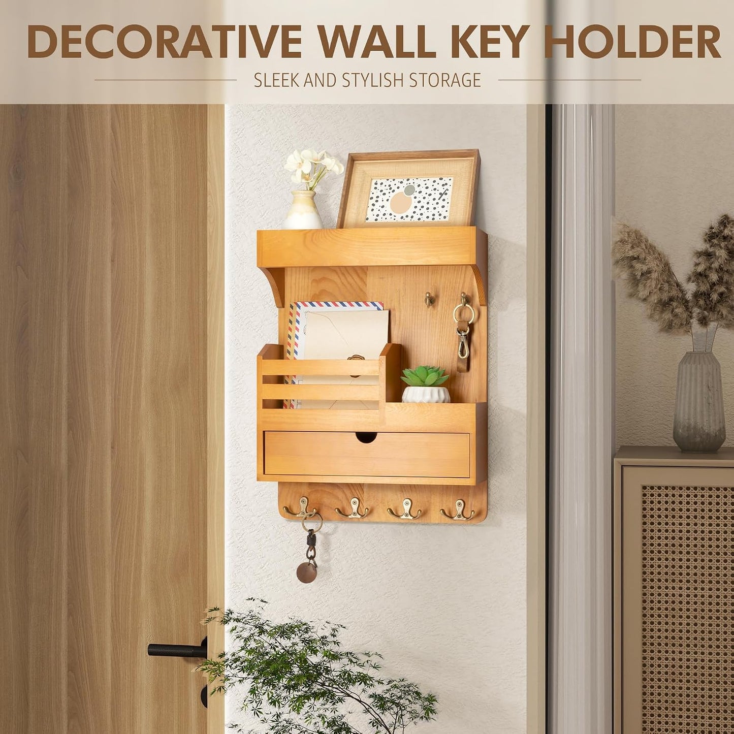 Rebee Vision Key Holder Wall Mount with Drawer Organizer for Entryway,Brown | Pine Wood, 6 Key Hooks, Display Shelf for Plants, Mail Slot for Storage Letter, Multi-Funtional Design, Home Storage