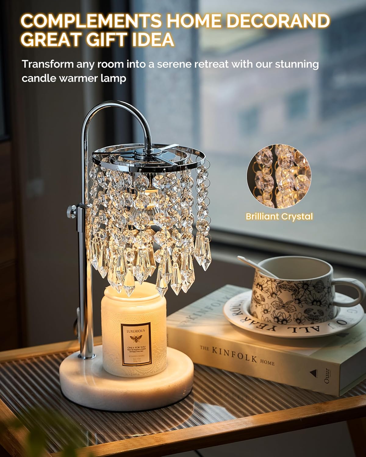 Candle Warmer Lamp with Timer Dimmer and 3 Bulbs, Candle Lamp Warmer with Marble Base for Adjustable Height, Crystal Candle Lamp for Jar Candles, House Warming Gifts Home Room Decor, Silver