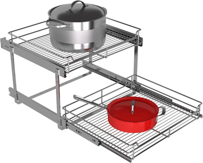 2-Tier Cabinet Pull Out Shelves, 14" W x 22" D, Chrome | Heavy-Gauge Wire Kitchen Cabinet Organizer, 100 lbs Capacity, Ball-Bearing Glides, Min 15" Opening, For Tupperware & Bowls