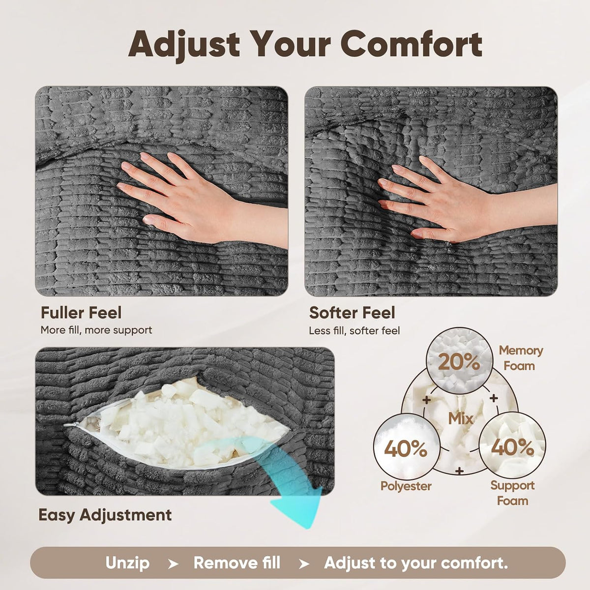 21" Higher Large Reading Pillow for Bed Adult, Back Pillow for Bed Sitting Up with Memory Foam Back Support with Arms Rest for Couch Chair Gray
