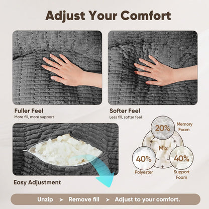 21" Higher Large Reading Pillow for Bed Adult, Back Pillow for Bed Sitting Up with Memory Foam Back Support with Arms Rest for Couch Chair Gray