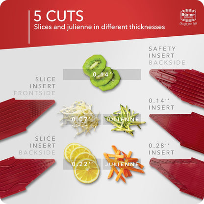 Börner Mandoline Slicer V1 (Basis Set) • V-Slicer with 2 Inserts & Fruit Holder • Adjustable Kitchen Slicer for Vegetables & Fruits • Vegetable Cutter • 3 Thickness Settings • Color: Red