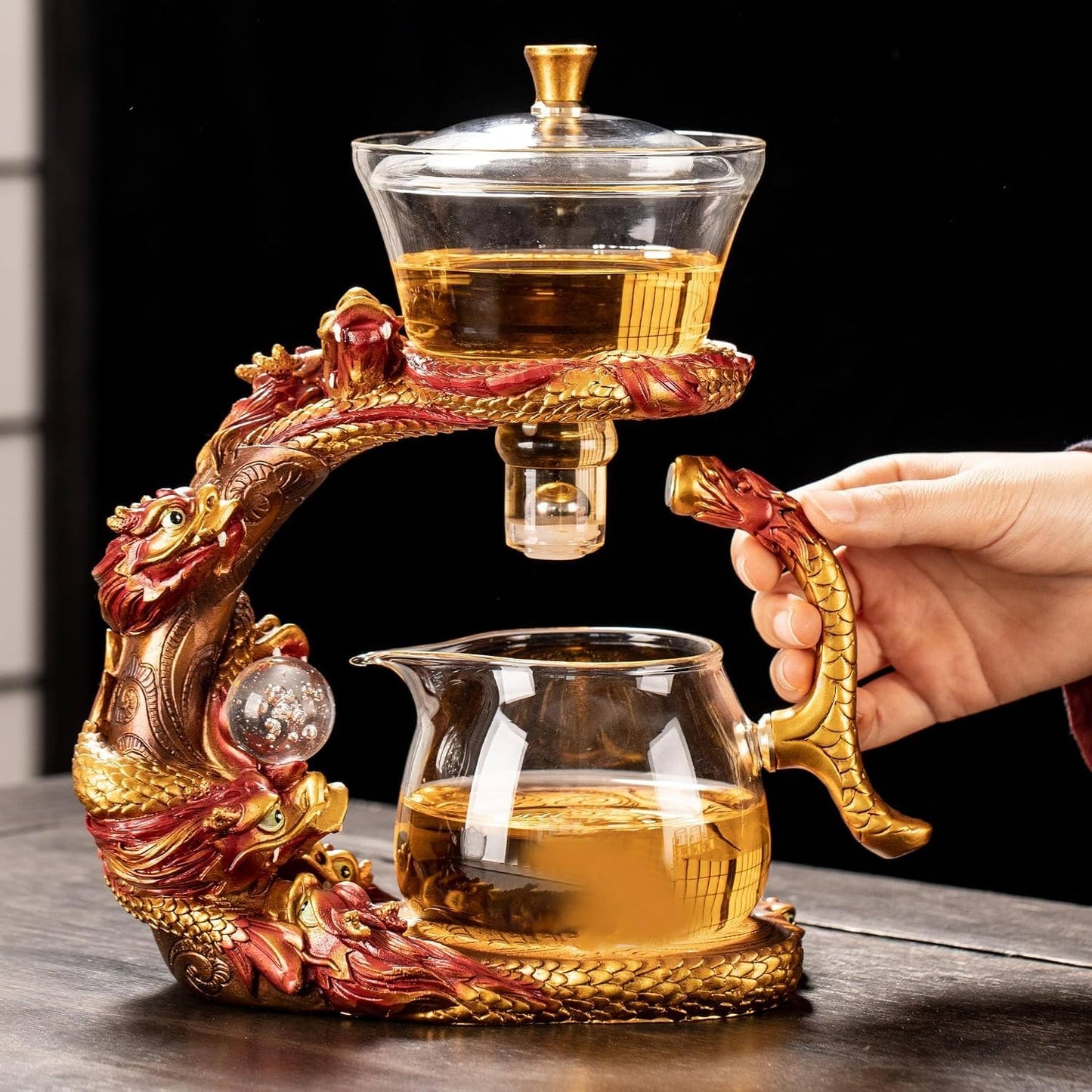 Glass Teapot Set with Infuser Semi Automatic Dragon Tea Set (Blue golden teapot)