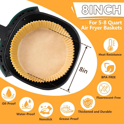Air Fryer Liners Disposable 125 Pcs, 8 Inch Paper for 5-8 QT Air Fryers | Square Unbleached Parchment Paper, Non-Stick, Greaseproof for Baking, Roasting, Microwave, Oven, Airfryer Basket Accessories
