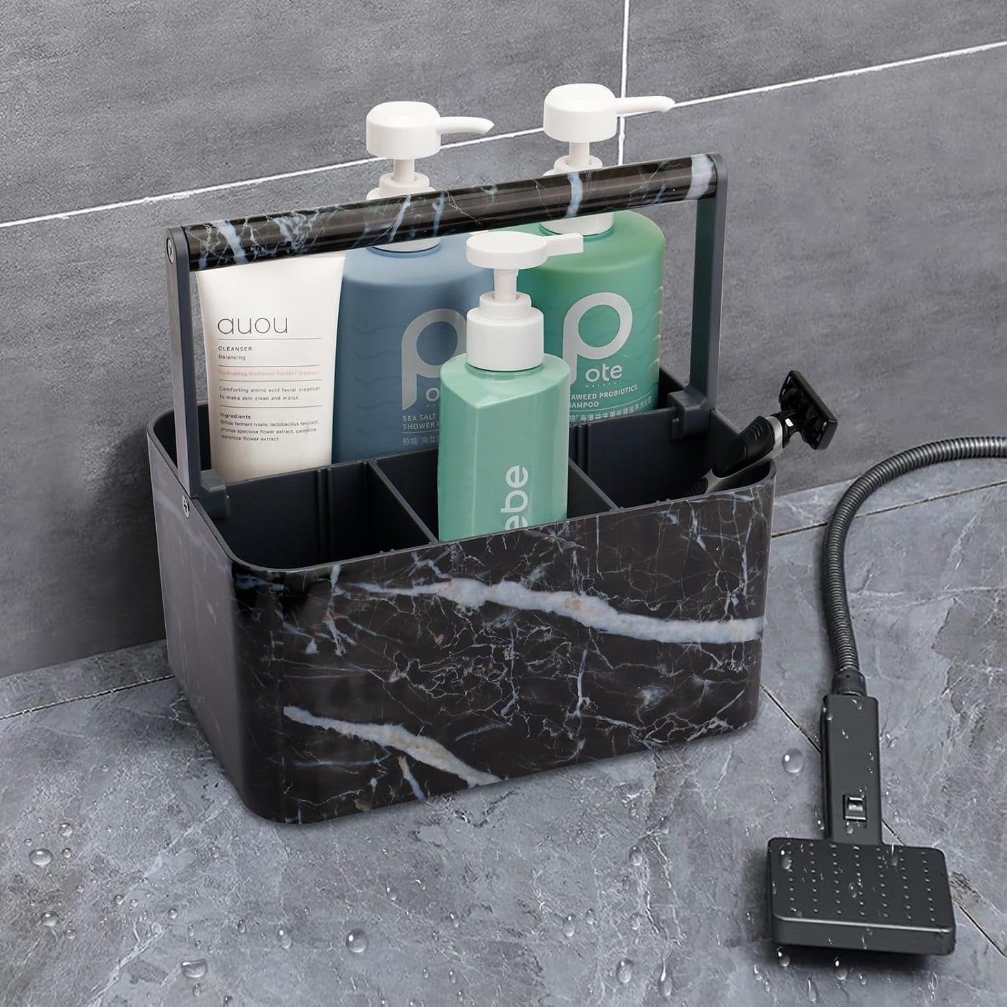 BYUNER Portable Shower Caddy Dorm: Bathroom Caddy Organizer with Handle and Adjustable Dividers,Plastic Shower Basket for Toiletry,Makeup,Vanity,Shower Storage Tote for College, Cleaning Caddy, Black