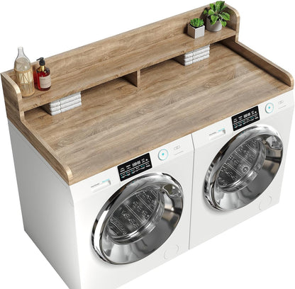 2-Tier Washer Dryer Countertop with 2.75" H Edge Rails, 54" W x 27.55" D Laundry Countertop for Folding Clothes, Washer and Dryer Topper with Non-Slip Pad (Dark Walnut)