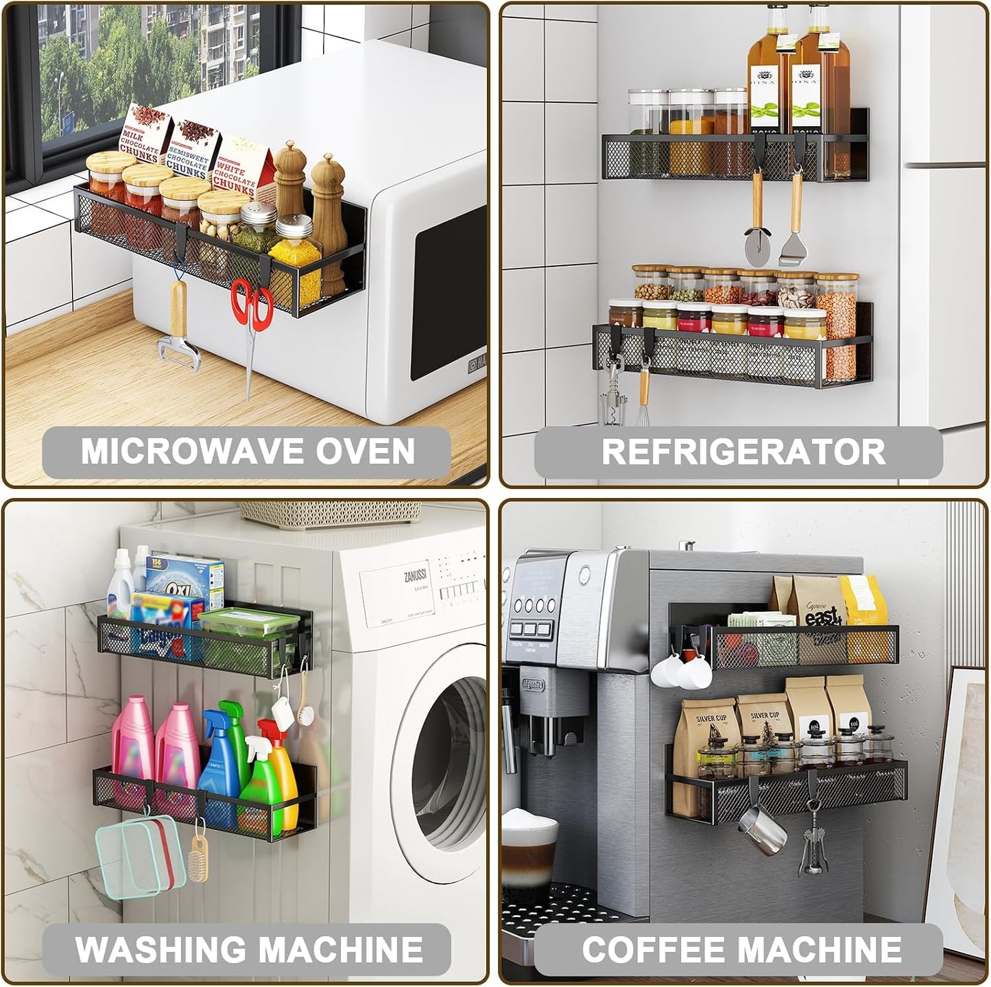 Aufworld Magnetic Spice Rack for Refrigerator, 3 Pack Magnetic Shelf, Moveable Fridge Organizer with 8-Hook Rack, Seasoning Organizer for Kitchen