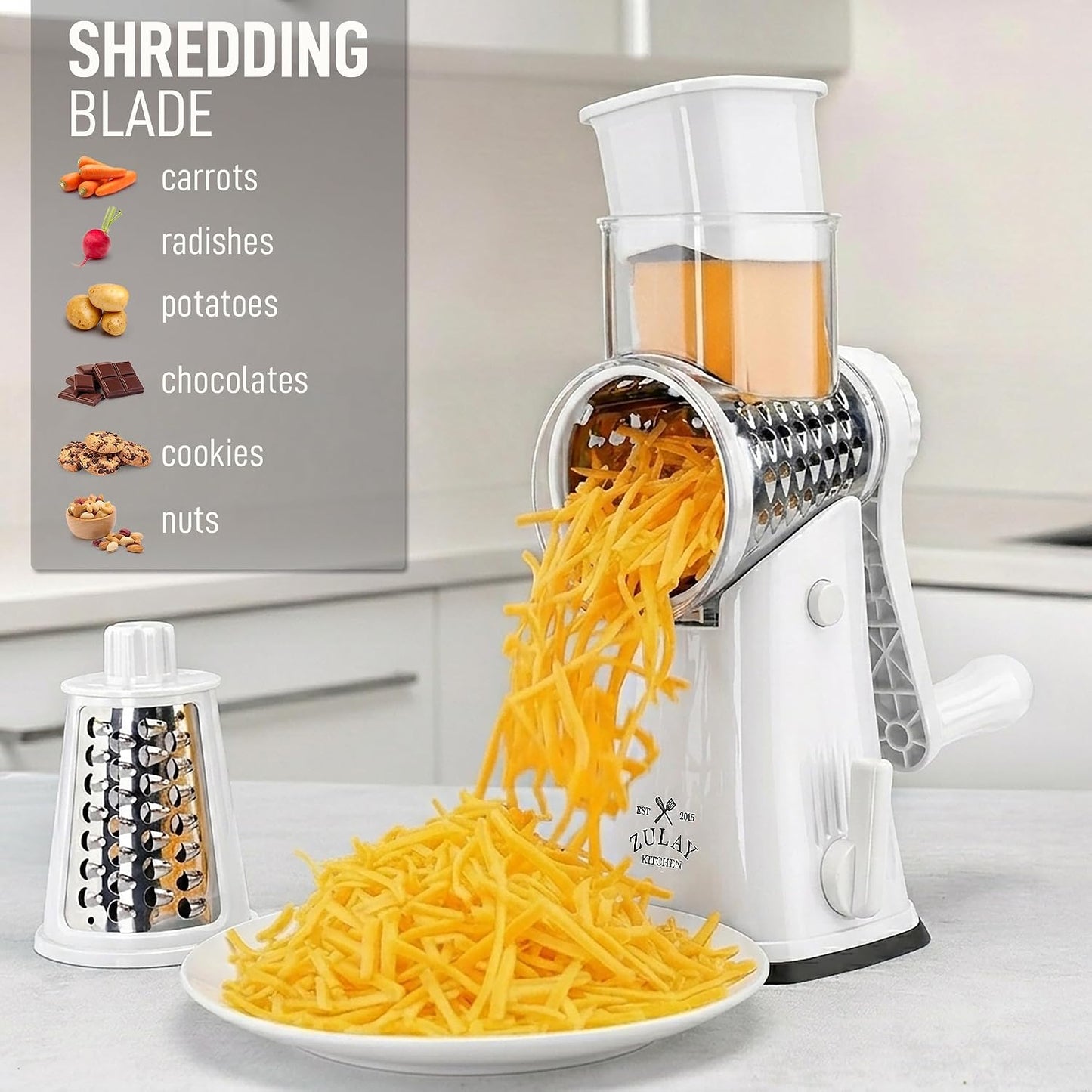 Zulay Kitchen Rotary Cheese Grater 5 Blade Cheese Shredder - Manual Hand Crank Cheese Grater With Reinforced Suction & 5 Interchangeable Drums - Easy to Use, Vegetable Chopper Round Mandoline Slicer - Colors A