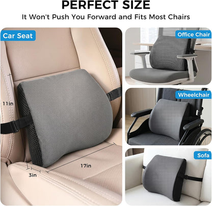 Lumbar Support Pillow for Car & Office Chair - High-Density Memory Foam Back Cushion for Sciatica & Lower Back Pain Relief - Non-Slip Support for Long Commutes & Desk Workers (Black)