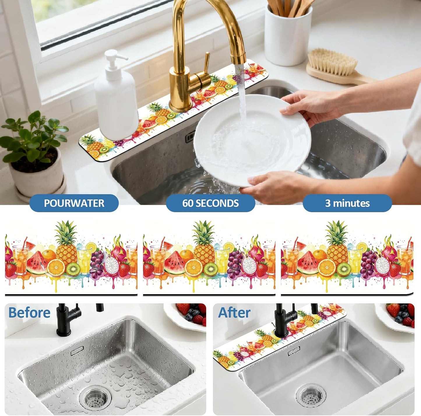 2Pcs Peonies Kitchen Sink Splash Guard Faucet Mat Vintage Florals Faucet Mat For Bathroom Kitchen 5.5x23.6In