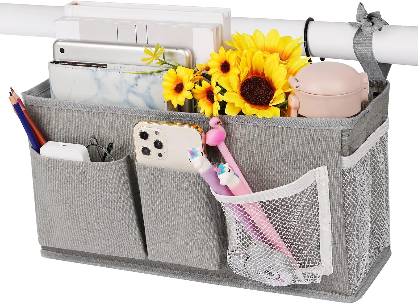 Bedside Caddy, Bedside Storage Bag Hanging Organizer for Bunk Dorm Bed Rail | Bed Caddy with Hooks, Top Bunks and Dorm Essentials for Water, Tissues, Tablets, Books, Phones, Remotes and Other Necessories