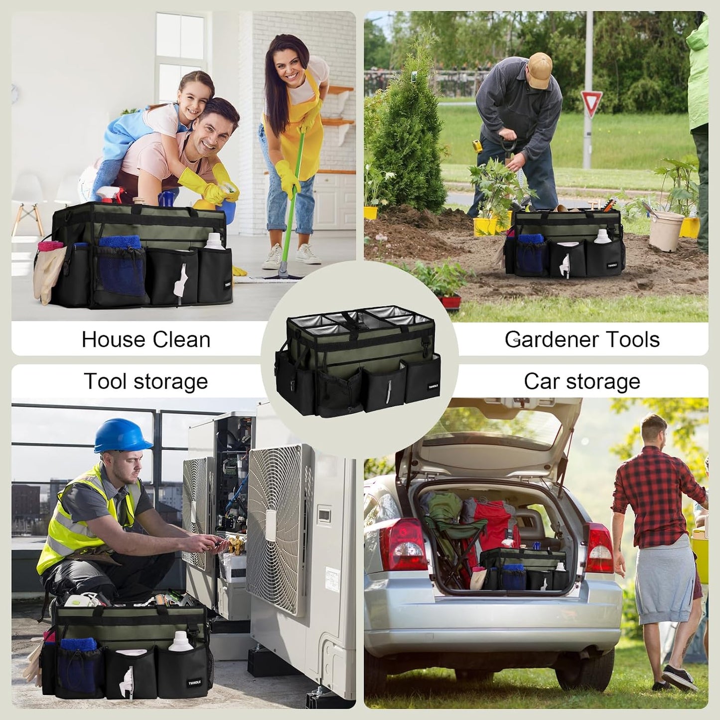 Extra Large Cleaning Caddy Bag with Built-In Support Board, Cleaning Tote Organizer with Removable Divider, Supply Carryall with Adjustable Shoulder Strap and Waist Belt for Cleaners & Housekeeper