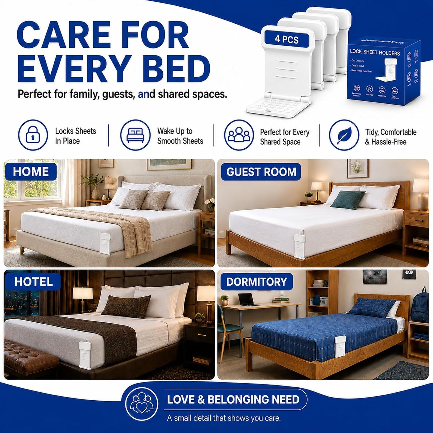 8pcs Bed Sheet Holders for Corners for King and Queen Beds Bed ABS&PC, 10 Non-Slip Mats, 180 Degrees Fold, Snap-Fastener Design, Adjustable Strap Clips, Tight Grippers - White Large