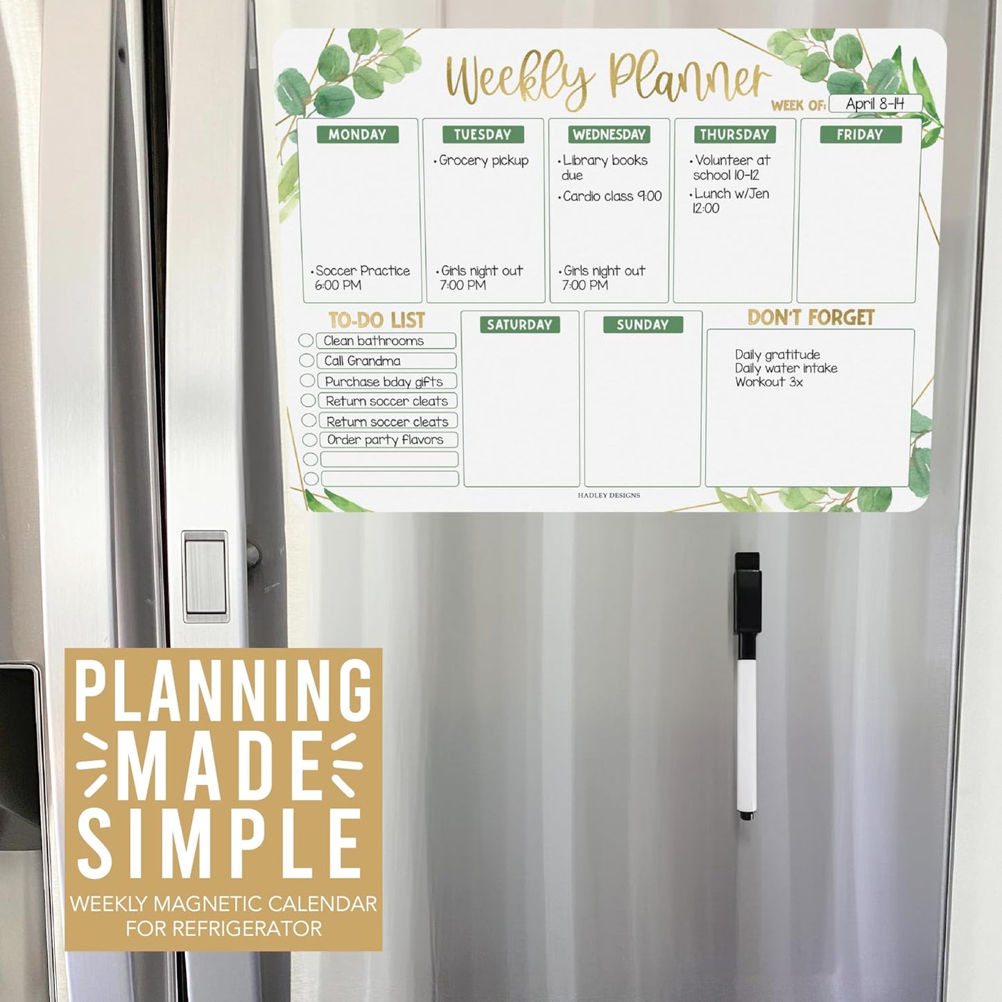 Hadley Designs Magnetic Weekly Planner for Fridge - Greenery Weekly Dry Erase Board, Week Magnetic Calendar for Refrigerator, Week Planner Board, Magnet Schedule Planners for Fridge