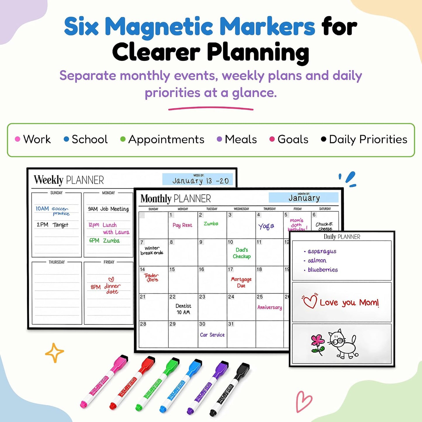 3 Pack Magnetic Dry Erase Calendar for Fridge, 17" x 12" Fridge Planner | Stain-Resistant Magnetic Calendar for Refrigerator with 6 Magnetic Markers & 1 Eraser - Monthly, Weekly & Daily Planner Set