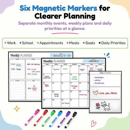 3 Pack Magnetic Dry Erase Calendar for Fridge, 17" x 12" Fridge Planner | Stain-Resistant Magnetic Calendar for Refrigerator with 6 Magnetic Markers & 1 Eraser - Monthly, Weekly & Daily Planner Set